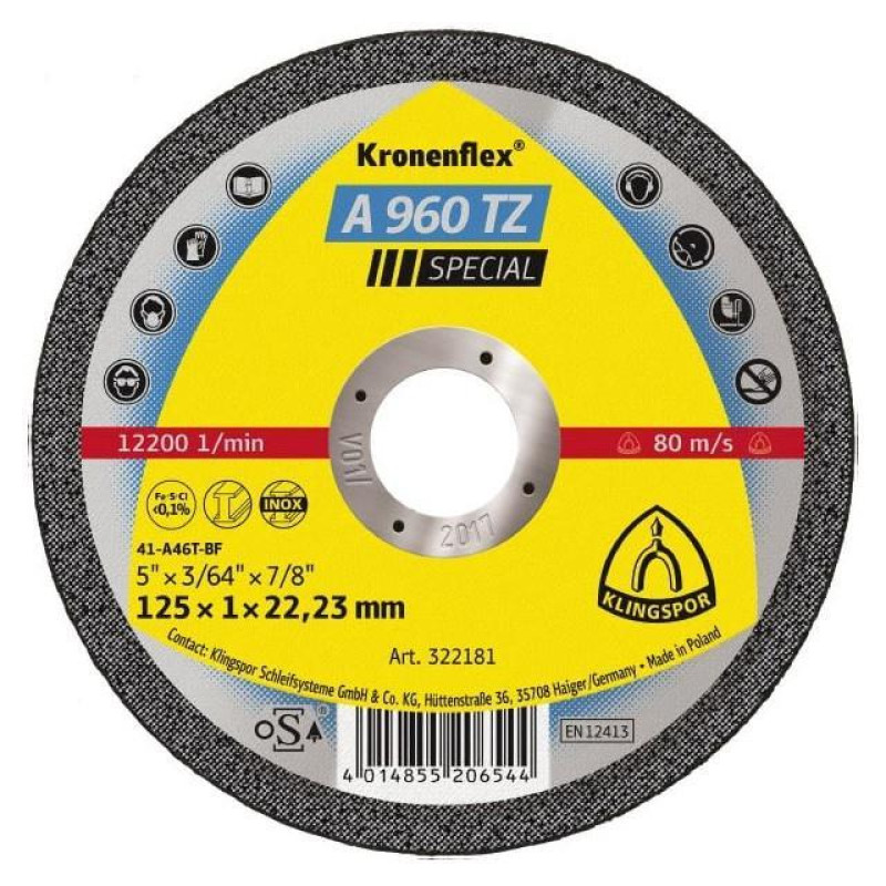 A 960 TZ REZNA PLOČA ZA INOX 125x1x22.23 (cena/komad) A 960 TZ REZNA PLOČA ZA INOX 125x1x22.23 (cena/komad)